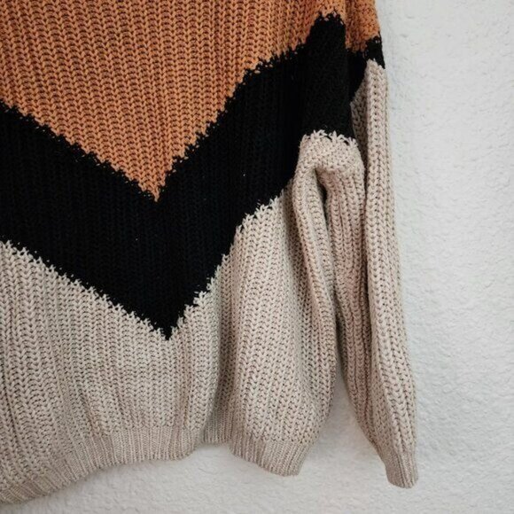 Lulus Autumn Leaves Tan Multi Chevron Stripe Knit Sweater Women's Size Large - Picture 8 of 9
